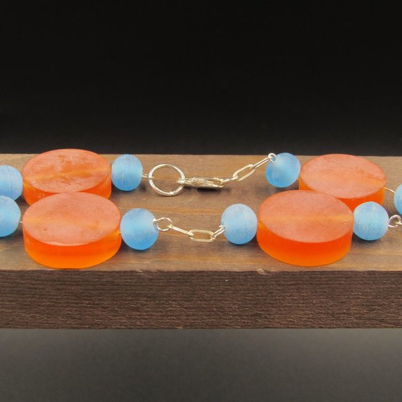 Jewelry - 9" Sterling Silver Orange & Blue Faux Stone Bracelet Vintage
